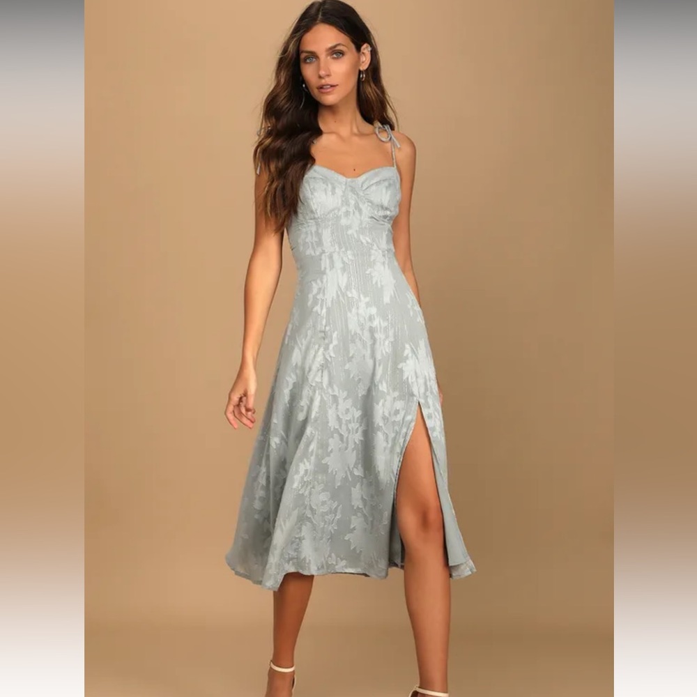 COPY - Loveliest Looks Dusty Blue Floral Jacquard Tie-Strap Midi Dress women’s …